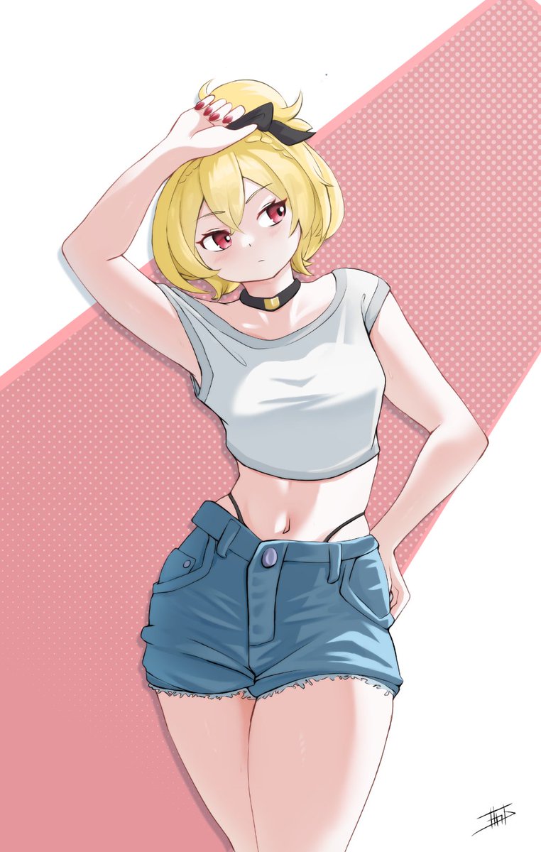 1girl, arm_up, black_bow, black_choker, blonde_hair, blue_shorts, bow, breasts, choker, closed_mouth, cowboy_shot, crop_top, denim, denim_shorts, felt_(re:zero), hair_bow, hand_on_own_hip, highleg, highleg_panties, highres, looking_to_the_side, miarin141, midriff, nail_polish, navel, panties, panty_straps, re:zero_kara_hajimeru_isekai_seikatsu, red_eyes, red_nails, shirt, short_hair, short_shorts, short_sleeves, shorts, signature, solo, thighs, underwear, virtual_youtuber, white_shirt