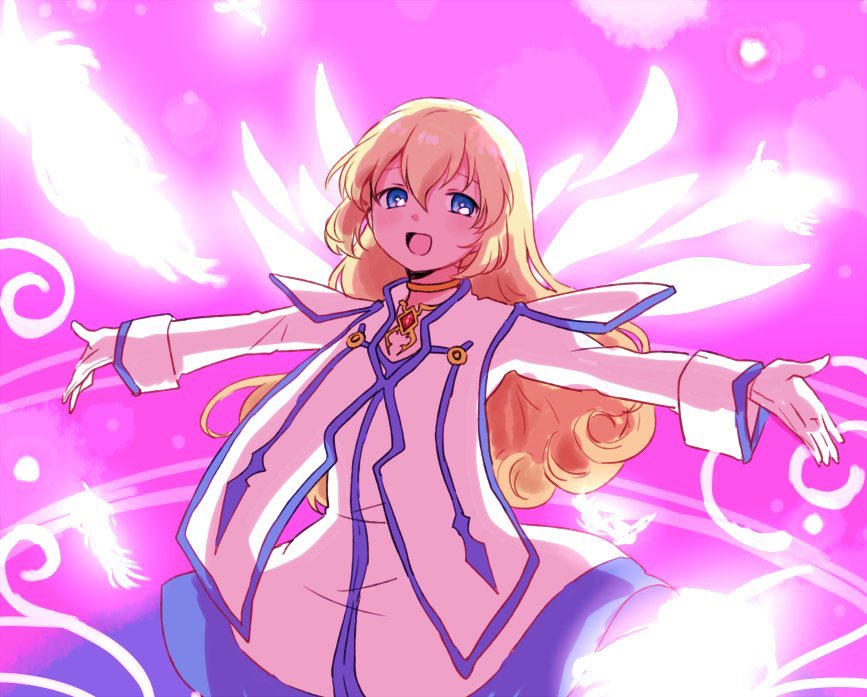 1girl, blonde_hair, blue_eyes, blue_trim, chest_jewel, colette_brunel, dress, falling_feathers
