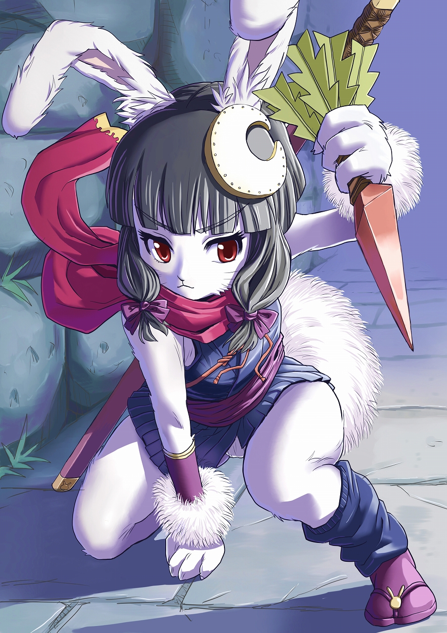 black_hair, bunny_ears, bunny_tail, carrot, furry, highres, kunai, leg_warmers