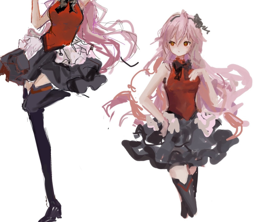 1girl, bare_arms, black_bow, black_bowtie, black_skirt, black_souls, black_souls_2, black_thighhighs