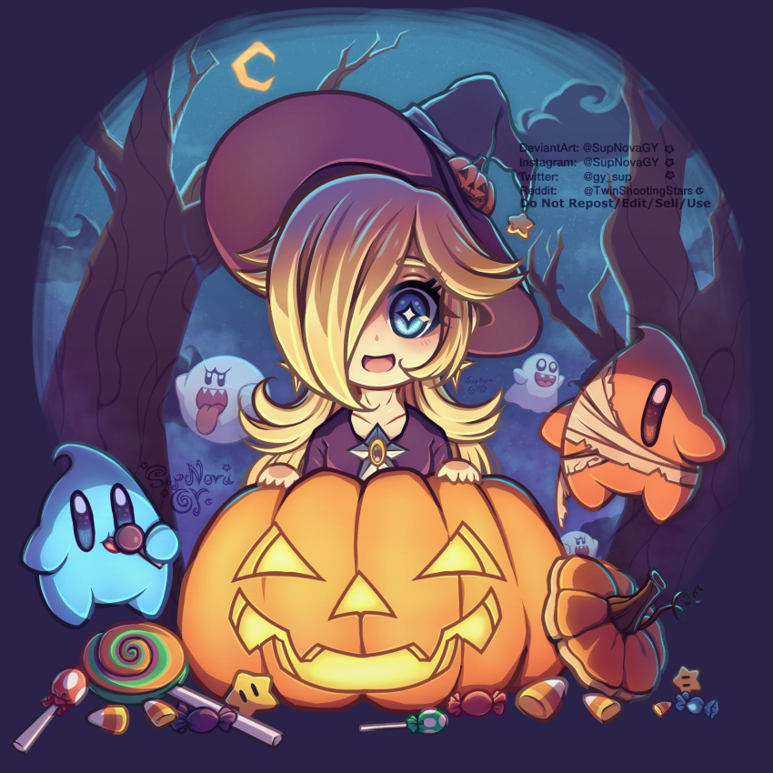 :d, bare_tree, blonde_hair, blue_eyes, blue_luma, boo_(mario), candy, candy_corn