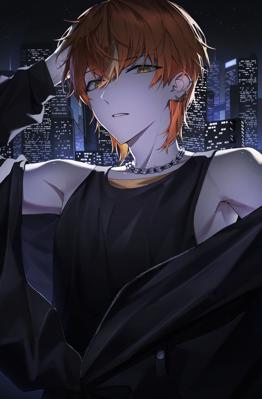 1boy, absurdres, bare_shoulders, black_jacket, black_tank_top, building, chain, ear_piercing