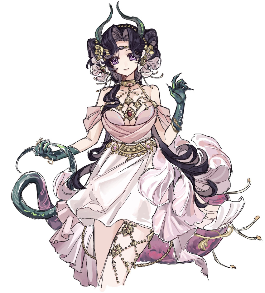 1girl, anjo_nala, anjo_nala_(forbidden_fruit), bare_shoulders, black_hair, cowboy_shot, cropped_legs, demon_girl