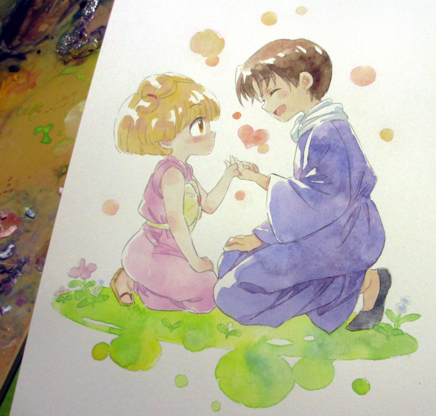 1boy, 1girl, agahari, akazukin_chacha, black_hair, black_pants, blonde_hair, blue_robe