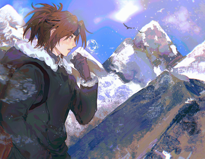 1other, backpack, bag, bird, black_bag, black_coat, black_gloves, brown_eyes