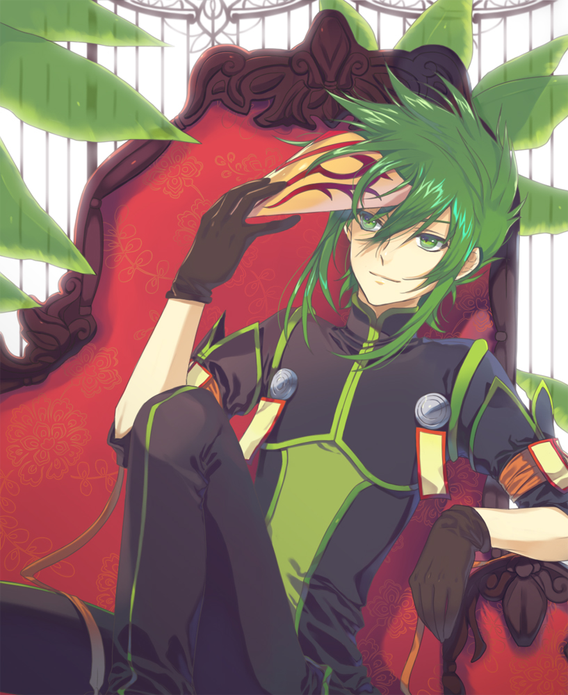 bad_id, chair, enk, green_eyes, green_hair, male, mask, sitting