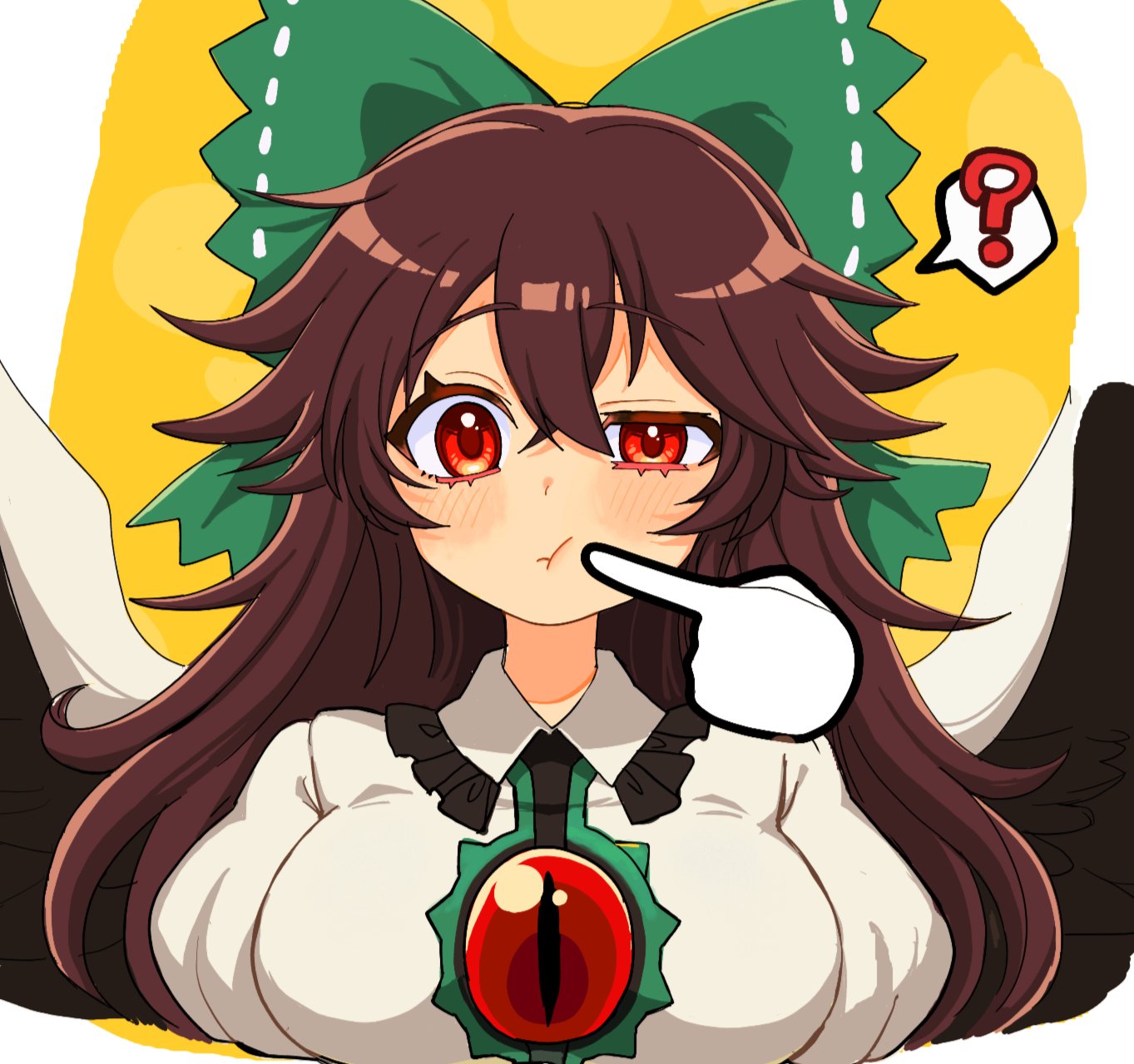 1girl, :t, ?, black_wings, bow, breasts, brown_hair, cape, cheek_poking, closed_mouth, collared_shirt, commentary_request, crossed_bangs, expressionless, feathered_wings, frilled_shirt_collar, frills, green_bow, hair_between_eyes, hair_bow, hand_cursor, highres, ishiki_nuru, large_breasts, long_hair, looking_at_viewer, poking, red_eyes, reiuji_utsuho, shirt, solo, spoken_question_mark, third_eye, touhou, upper_body, white_cape, white_shirt, wings, yellow_background