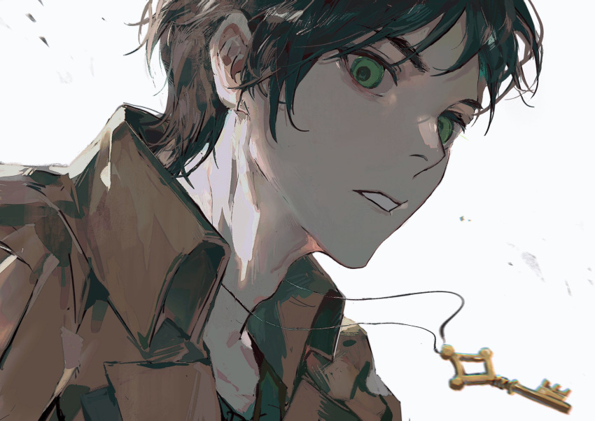1boy, brown_jacket, eren_yeager, erenjaeger47993, green_eyes, grey_hair, hashtag-only_commentary, highres