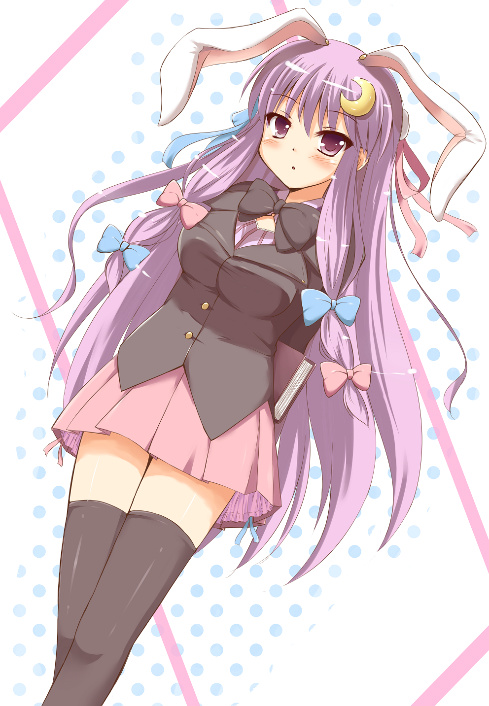 animal_ears, arms_behind_back, black_legwear, blazer, blush, book, bow, breasts, bunny_ears, chaa_(korone-ze), cosplay, crescent, dutch_angle, hair_bow, hair_ornament, highres, long_hair, look-alike, necktie, patchouli_knowledge, purple_hair, reisen_udongein_inaba, reisen_udongein_inaba_(cosplay), skirt, solo, thigh-highs, thighhighs, touhou, very_long_hair, zettai_ryouiki