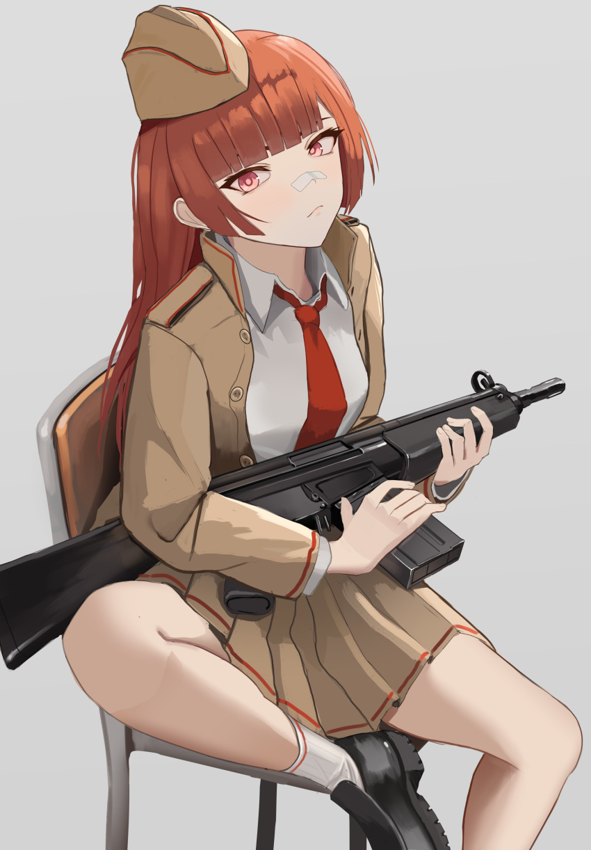 1girl, absurdres, bandaid, bandaid_on_face, bandaid_on_nose, battle_rifle, black_shoes, blunt_bangs