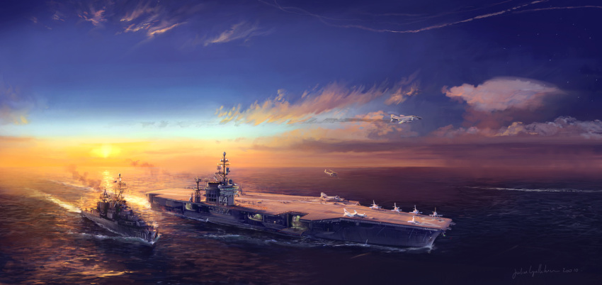 a-4_skyhawk, aircraft, aircraft_carrier, airplane, clouds, destroyer, english_commentary, f-4_phantom_ii
