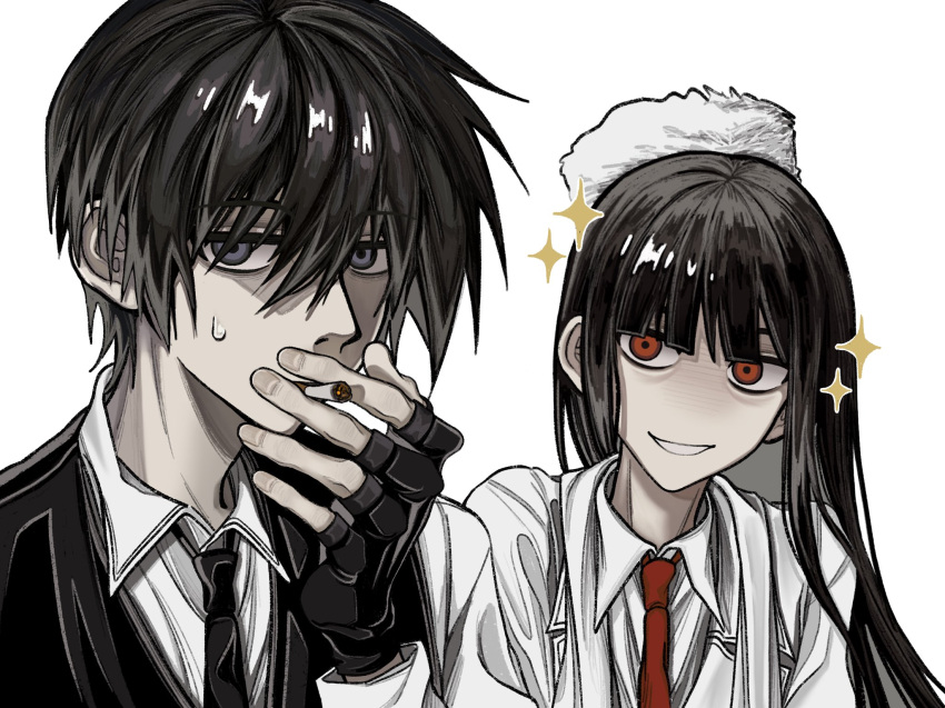1boy, 1girl, alucard_(hellsing), black_gloves, black_hair, black_necktie, black_vest, blue_eyes