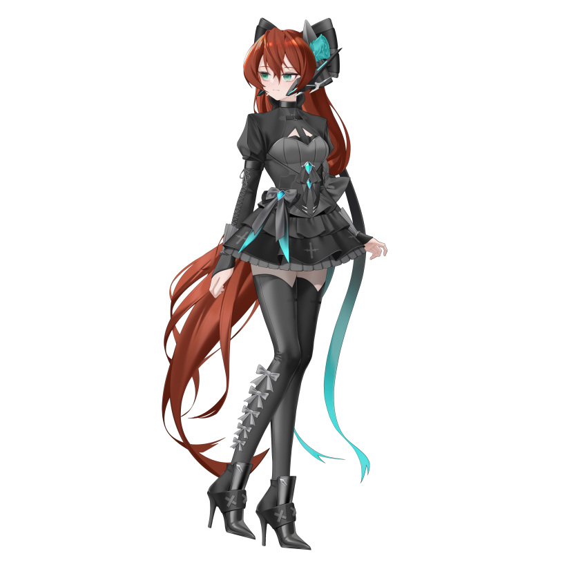 1girl, absurdres, alternate_costume, belt, book, boots, bow, breasts, brown_hair, charm_(object), choker, commission, commissioner_upload, covered_navel, cross, cross_print, dress, eyelashes, full_body, gothic_lolita, green_eyes, hair_bow, high_heel_boots, high_heels, highres, iris_(mega_man), lolita_fashion, long_bangs, long_hair, long_sleeves, mechanical_ears, mega_man_(series), mega_man_x4, mega_man_x_(series), miniskirt, non-web_source, petite, ponytail, rhan, ribbon, short_dress, skirt, small_breasts, solo, thigh-highs, thigh_strap, thighs, transparent_background