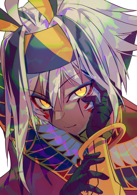 1girl, ancient_egyptian_clothes, bandaged_hand, bandages, black_bandages, black_hair, closed_mouth, commentary_request, dark-skinned_female, dark_skin, emoillu, fate/grand_order, fate_(series), hand_on_own_face, head_rest, looking_at_viewer, makeup, multicolored_hair, nitocris_(fate), nitocris_alter_(fate), nitocris_alter_(second_ascension)_(fate), simple_background, smile, solo, two-tone_hair, unfinished, white_background, white_hair, yellow_eyes