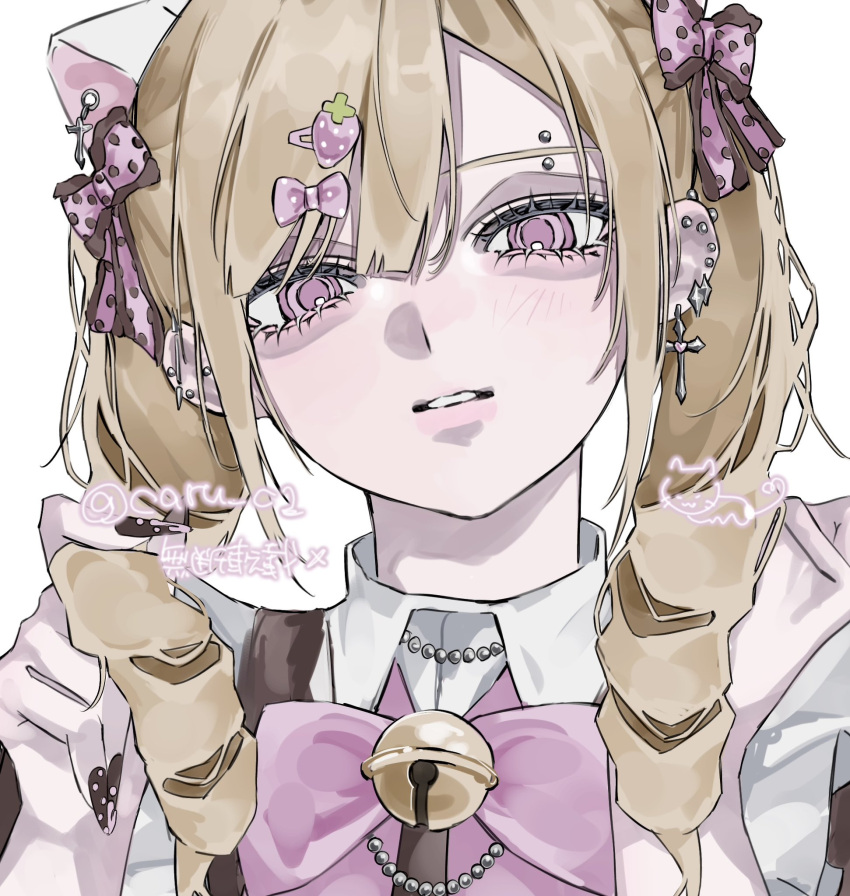 1girl, aegyo_sal, animal_ear_piercing, animal_ears, bell, blonde_hair, bow, caru_c1