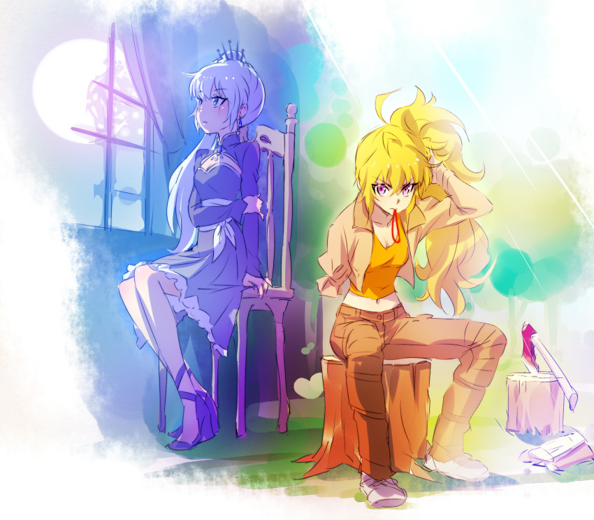 2girls, amputee, axe, blonde_hair, blue_dress, brown_jacket, brown_pants, chair