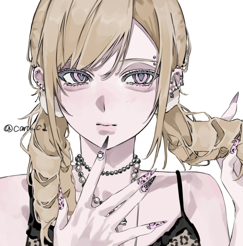 1girl, aegyo_sal, animal_print, bead_necklace, beads, blonde_hair, camisole, caru_c1