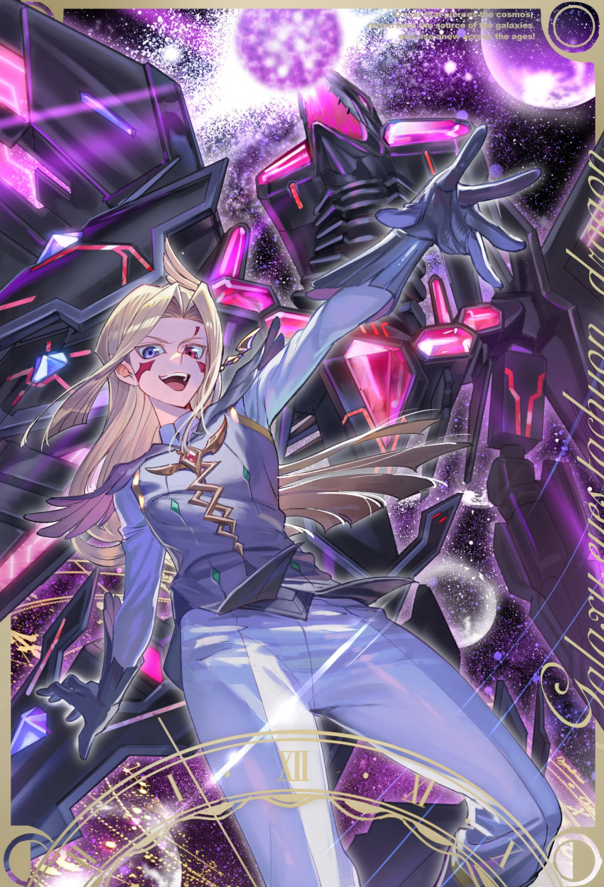 1boy, blonde_hair, blue_eyes, character_name, character_request, cowboy_shot, dragon, english_text