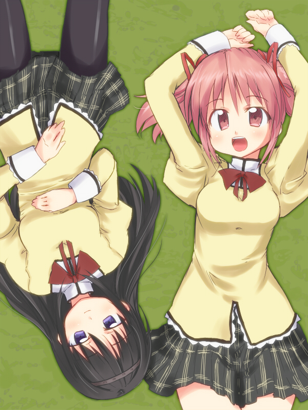 akemi_homura, aoyagi_kakerugeki, black_hair, from_above, kaname_madoka, long_hair, mahou_shoujo_madoka_magica, multiple_girls