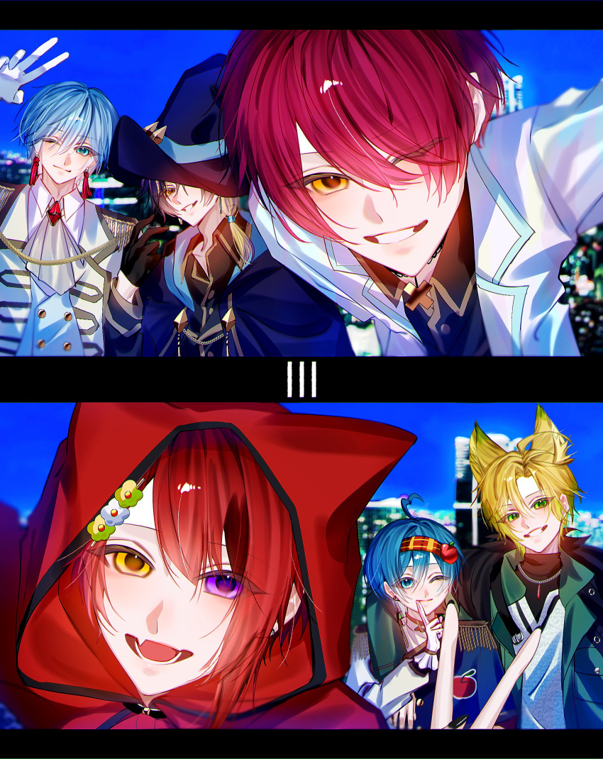 6+boys, absurdres, ahoge, amptakxcolors, animal_ear_hood, animal_ears, arm_up, bimigohan16