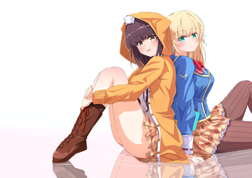 2girls, absurdres, animal_on_head, aqua_eyes, arm_support, asakura_karen_(heaven_burns_red), back-to-back, black_hair