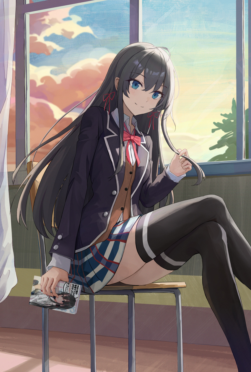 1girl, absurdres, ahoge, black_hair, blue_eyes, blue_sky, blush, book