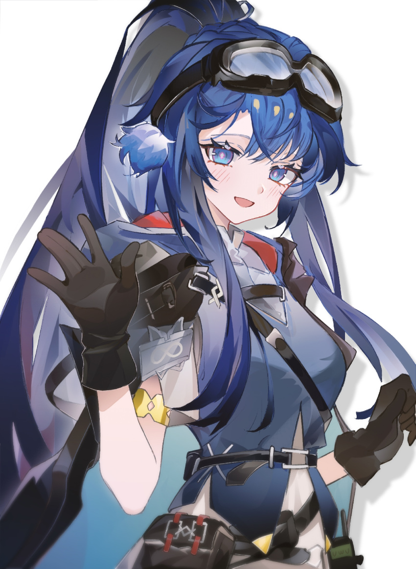 1girl, :d, arknights, astgenne_(arknights), black_cape, black_gloves, blue_eyes, blue_hair
