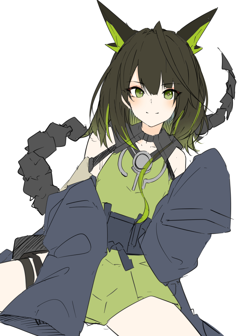 1girl, arknights, bare_shoulders, black_hair, black_jacket, blush, closed_mouth, colored_inner_hair