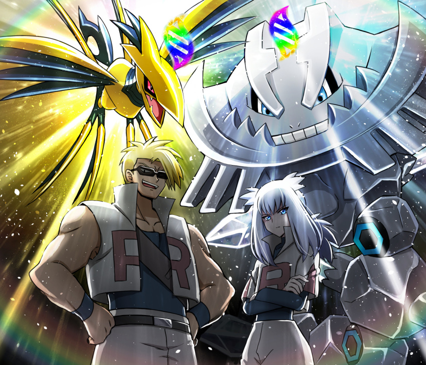 2boys, androgynous, attila_(pokemon), belt, black-framed_eyewear, black_shirt, blonde_hair, blue_eyes