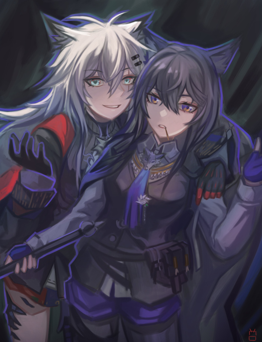 2girls, absurdres, aqua_eyes, arknights, arm_around_shoulder, black_background, black_gloves, black_hair, black_pantyhose, black_vest, bolo_tie, cowboy_shot, craneodes, fingerless_gloves, food, food_in_mouth, gloves, grey_hair, grey_shirt, hair_between_eyes, heads_together, highres, holding, lappland_(arknights), lappland_the_decadenza_(arknights), long_hair, long_sleeves, looking_at_viewer, material_growth, multicolored_eyes, multiple_girls, oripathy_lesion_(arknights), outline, pantyhose, pocky, pocky_in_mouth, purple_gloves, purple_outline, red_gloves, shirt, smile, standing, texas_(arknights), texas_the_omertosa_(arknights), two-tone_eyes, vest, violet_eyes, yellow_eyes