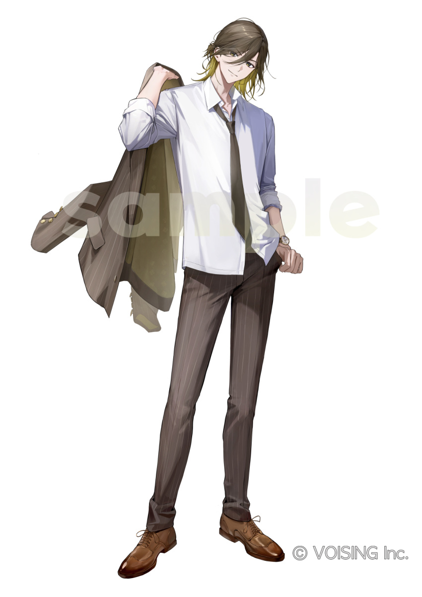 >:), black_necktie, blonde_hair, brown_hair, brown_jacket, brown_pants, brown_shoes, closed_mouth