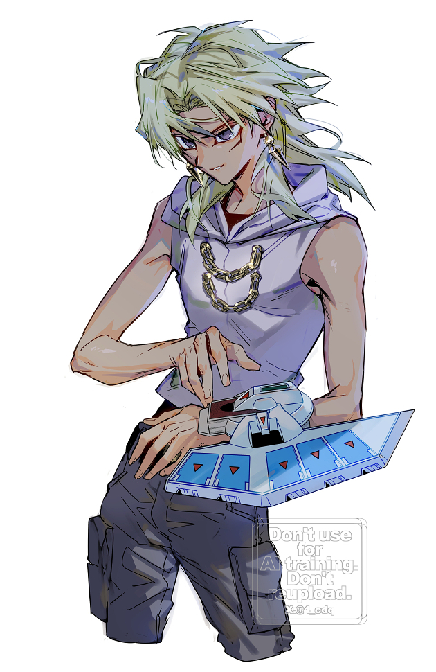1boy, 4_cdq, dark-skinned_male, dark_skin, duel_disk, earrings, facial_mark, grey_hair, hair_between_eyes, hood, hoodie, jewelry, male_focus, marik_ishtar, medium_hair, pants, purple_hoodie, sleeveless, sleeveless_hoodie, smile, solo, violet_eyes, white_background, yu-gi-oh!, yu-gi-oh!_duel_monsters