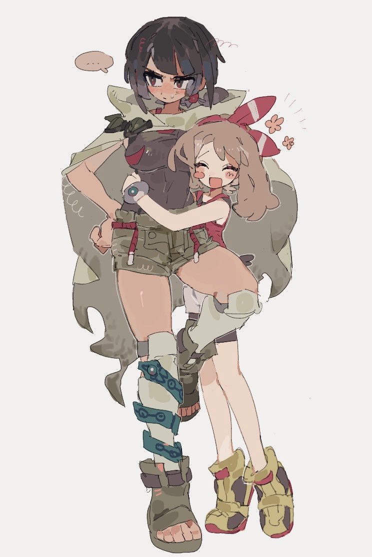 ..., 2girls, black_hair, black_shirt, blush, blush_stickers, bow, bow_hairband