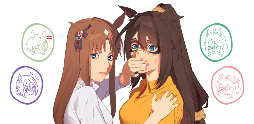 6+girls, absurdres, agnes_digital_(umamusume), animal_ears, blue_eyes, brown_hair, character_request, chocoyanstickz