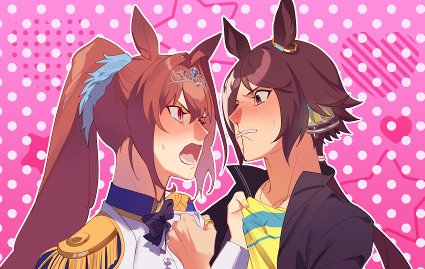 2girls, absurdres, animal_ears, black_bow, black_bowtie, black_jacket, blood, blush, bow, bowtie, brown_eyes, brown_hair, chocoyanstickz, commentary, daiwa_scarlet_(umamusume), english_commentary, epaulettes, hair_intakes, heart, highres, horse_ears, horse_girl, jacket, long_hair, multiple_girls, nosebleed, open_mouth, pink_background, pink_eyes, ponytail, shirt, tiara, twintails, umamusume, vodka_(umamusume), white_jacket, yellow_shirt, yuri