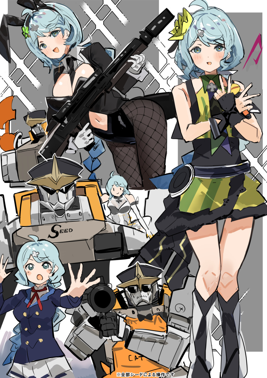 1girl, 1other, ade_(agent_bunny)_(nikke), ade_(nikke), bare_shoulders, black_shirt, black_suit, blue_eyes, blue_hair, blush, bow, bowtie, commentary_request, cosplay_request, detached_sleeves, gloves, goddess_of_victory:_nikke, hair_ornament, hairpin, hat, highres, holding, holding_weapon, humanoid_robot, kaname_buccaneer, macross, macross_delta, mecha, mechanical_arms, multiple_views, navel, open_mouth, playboy_bunny, robot, rocket_launcher, seed_(zenless_zone_zero), seed_sr., shirt, skirt, suit, sunglasses, the_olphy, voice_actor_connection, weapon, white_gloves, white_skirt, yasuno_kiyono, zenless_zone_zero