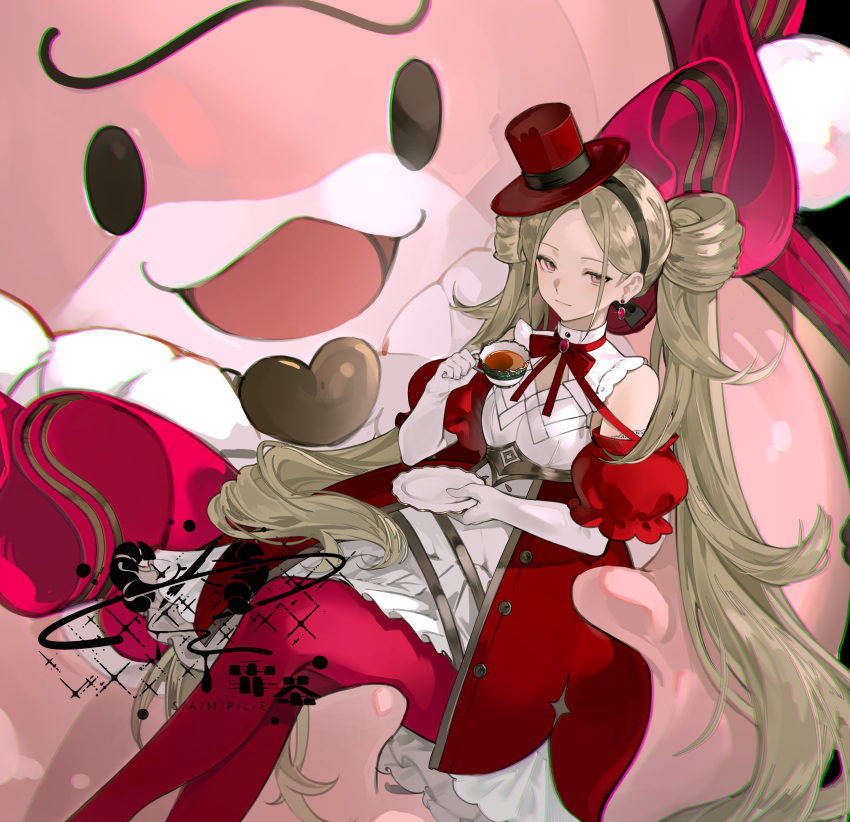 1girl, absurdres, animal, bare_shoulders, black_hairband, blonde_hair, bow, bowtie