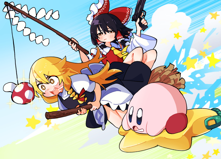 2girls, black_hair, blonde_hair, bow, braid, broom, broom_riding, commentary, crossover, drooling, gohei, gram_9, gun, hair_bow, hair_tubes, hakurei_reimu, highres, holding, holding_gohei, holding_gun, holding_weapon, japanese_clothes, kirby, kirby_(series), kirby_air_ride, kirby_air_riders, kirisame_marisa, long_hair, miko, multiple_girls, mushroom, open_mouth, red_bow, saliva, short_sleeves, side_braid, star_(symbol), touhou, warp_star, weapon