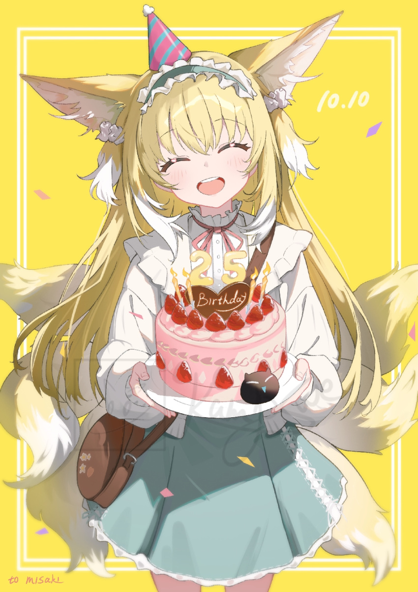 1girl, ^_^, animal_ears, arknights, bag, birthday_cake, blonde_hair, blue_hairband