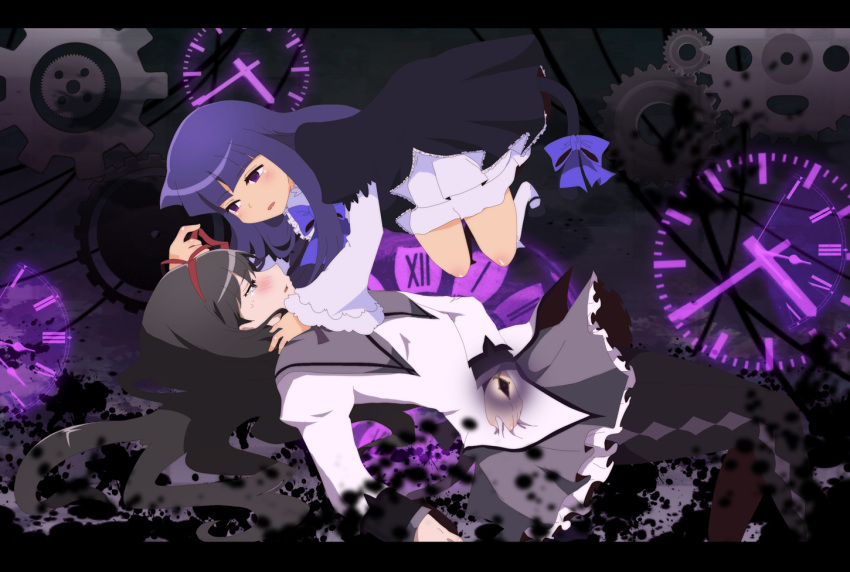 2girls, aidmoon, akemi_homura, black_hair, blue_hair, closed_eyes, crossover, dress