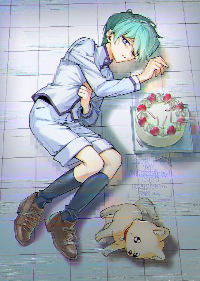 1boy, 4_cdq, birthday_cake, black_socks, blue_eyes, brown_shoes, cake, candle