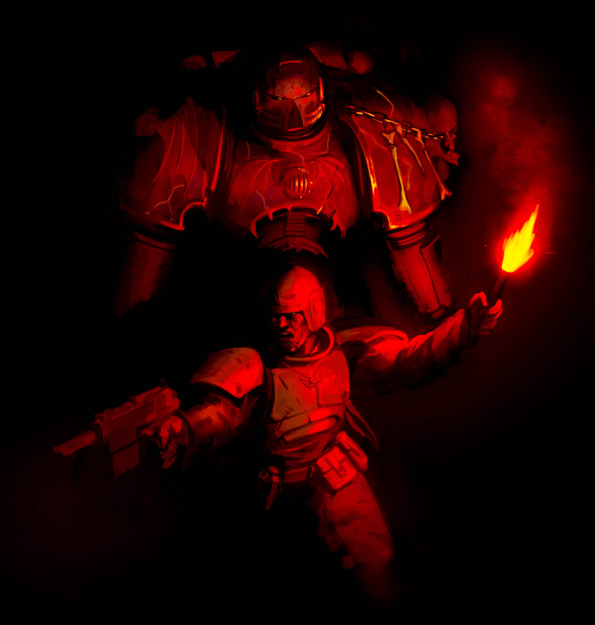 2boys, absurdres, adeptus_astartes, armor, astra_militarum, breastplate, chain, chaos_space_marine, fire, flare, from_behind, full_armor, ginjima, helm, helmet, highres, holding, holding_weapon, imperial_aquila, lasgun, multiple_boys, night_lords, open_mouth, ornate_armor, pauldrons, power_armor, red_theme, shoulder_armor, skull_ornament, speaker, warhammer_40k, weapon
