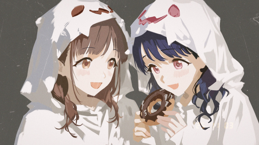 2girls, absurdres, black_hair, brown_eyes, brown_hair, cobwvmeti, commentary_request, doughnut
