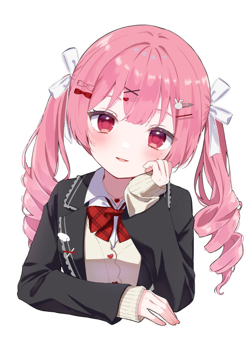 1girl, amatsuka_eru, artist_request, black_jacket, bow, bowtie, buttons, cardigan, collared_shirt, hair_ornament, hair_ribbon, hairclip, highres, indie_virtual_youtuber, jacket, long_hair, looking_at_viewer, pink_hair, red_bow, red_bowtie, red_eyes, ribbon, school_uniform, second-party_source, shirt, simple_background, smile, solo, twintails, upper_body, virtual_youtuber, white_background