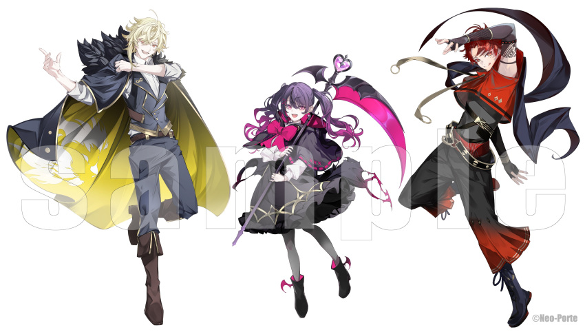 1girl, 2boys, :d, :q, absurdres, adjusting_clothes, alternate_costume, amane_amu
