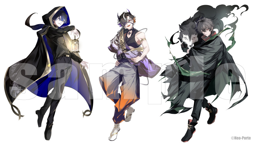 3boys, :d, absurdres, alternate_costume, aogiri_eito, armlet, barbell_piercing, belt