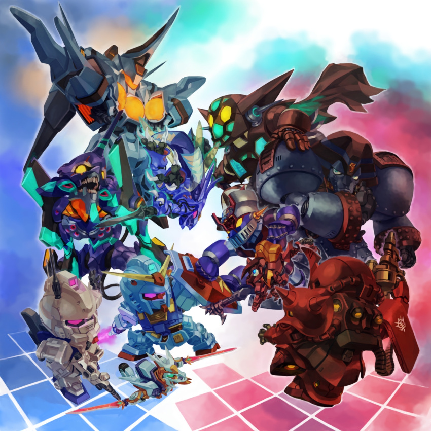 aura_battler_dunbine, cape, code_geass, dual_wielding, dunbine, energy_blade, eva_01, ez-8_gundam, getter-1, getter_robo, giant_robo, giant_robo_(mecha), glowing, gundam, gundam_08th_ms_team, guren_nishiki, hades_project_zeorymer, highres, kabuto_kouji, lancelot, mazinger_z, mazinger_z_(mecha), mecha, mobile_suit_gundam, neon_genesis_evangelion, rx-78-2, seisenshi_dunbine, shield, super_robot_wars, sword, weapon, zaku, zaku_ii, zaku_ii_s_char_custom, zeorymer