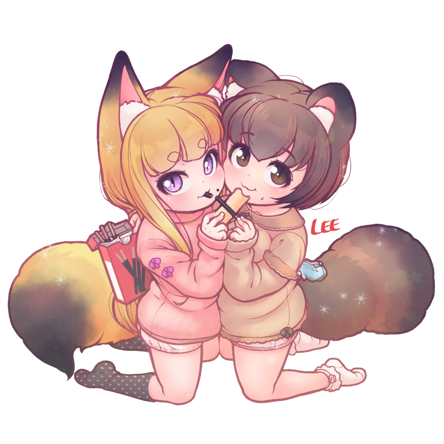 2girls, :3, animal_ear_fluff, animal_ears, black_socks, blonde_hair, blush, brown_eyes