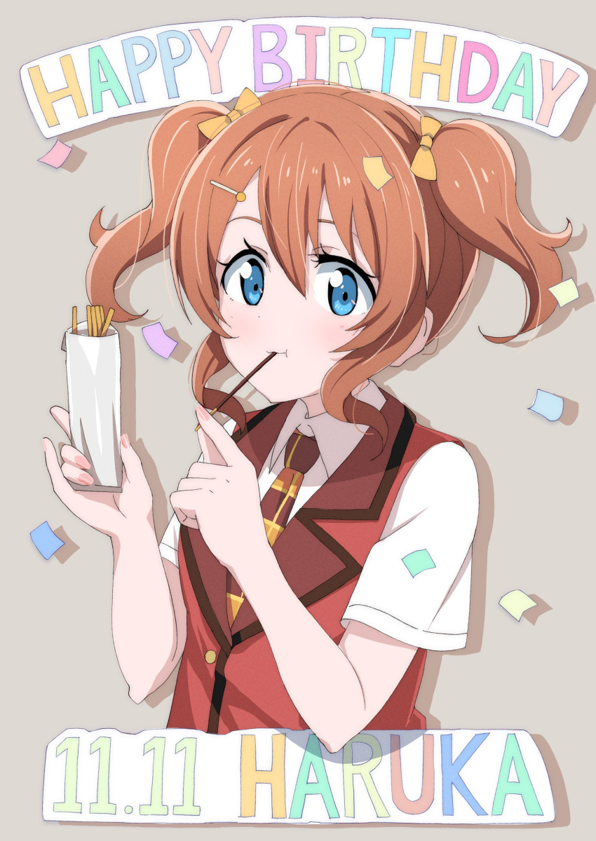 1girl, absurdres, ajapar, blue_eyes, blush, brown_hair, brown_necktie, commentary_request, confetti, date_connection, dated, food, food_in_mouth, grey_background, hair_ornament, hairclip, happy_birthday, highres, holding, holding_food, holding_pocky, konoe_haruka, looking_at_viewer, love_live!, love_live!_nijigasaki_high_school_idol_club, necktie, plaid_clothes, plaid_necktie, pocky, pocky_day, pocky_in_mouth, school_uniform, shinonome_academy_school_uniform, short_hair, simple_background, solo, twintails