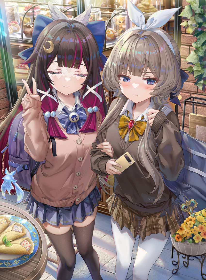 2girls, alternate_costume, black_hair, blue_eyes, blush, brown_hair, closed_eyes, closed_mouth